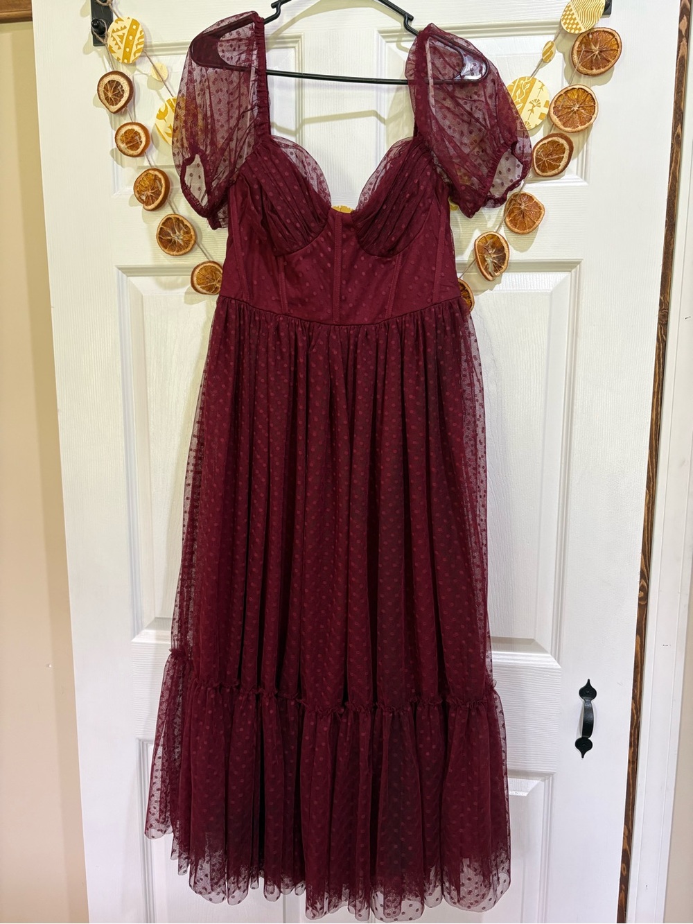 Lulu's Burgundy Dotted Mesh Puff-Sleeve Dress